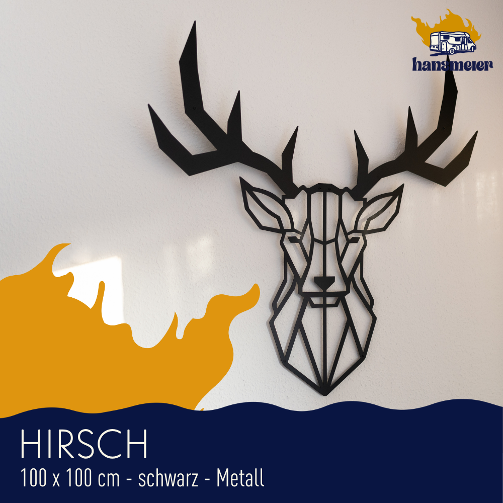 Hirschkopf aus Metall, 100 x 100 cm, an der Wand im Wohnraum
