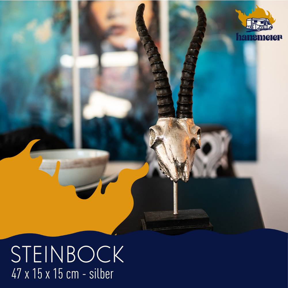 Hansmeier | Steinbock Tischdeko Skulptur | 47 x 15 cm | Silber | Geweih Deko - Hansmeier