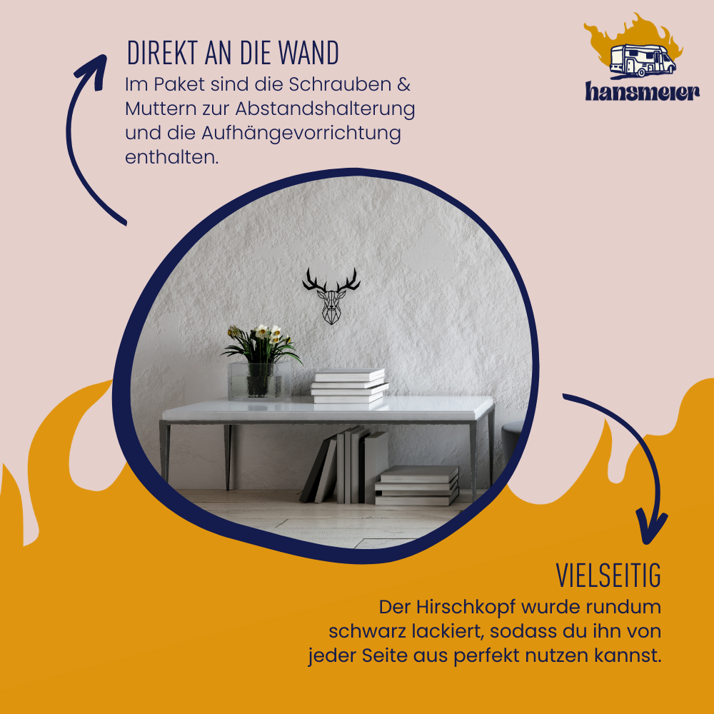 Wanddeko aus Metall | 30 x 30 cm Schwarz | Hirschkopf Geweih - Hansmeier