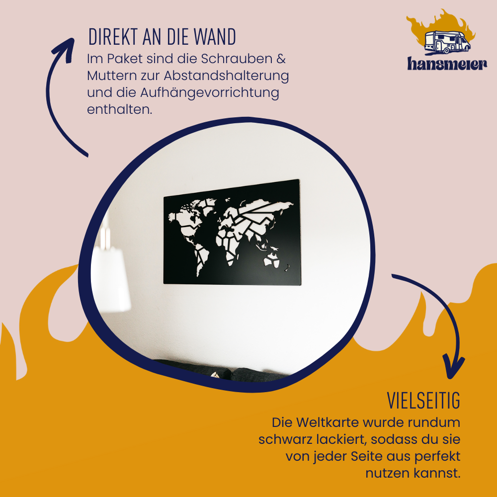 Wanddeko aus Metall | 115x68cm | Weltkarte Worldmap - Hansmeier